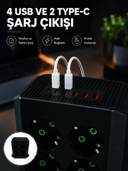 8'li Dikey Çoklu Priz 4 Usb 2 Type-c Akım Korumalı Anahtarlı Priz ürün görseli 1