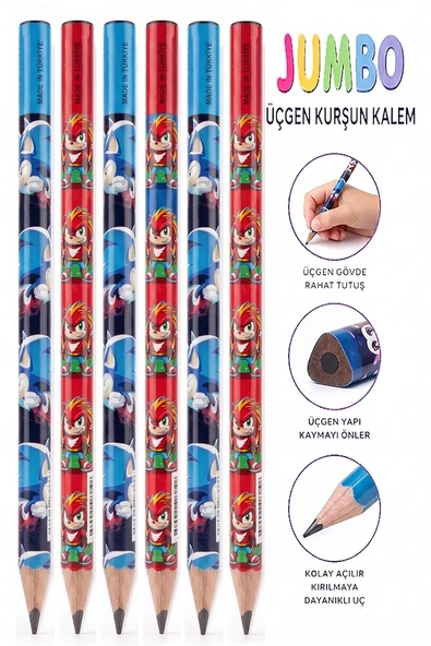 Sonic Jumbo Kurşun Kalem 6 Adet Fatih Üçgen Başlangıç Kalemi Siyah İlk Kalemim Jumbo Kalın Kalem Kolay Tutuş ürün görseli 1