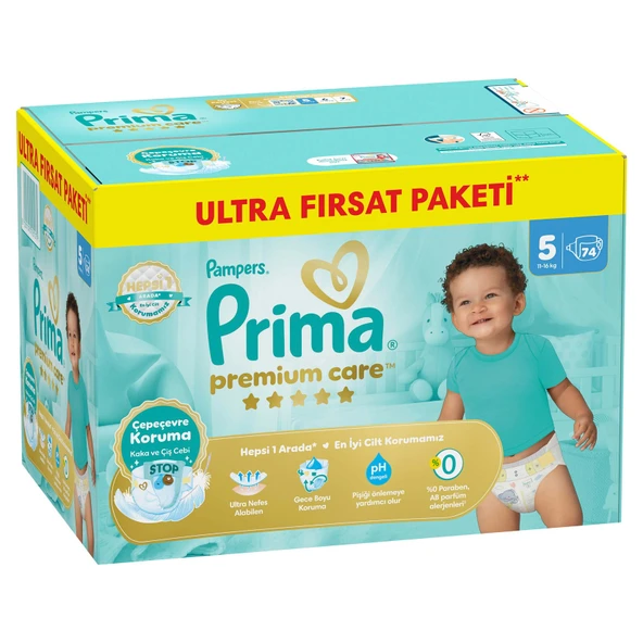 Prima Bebek Bezi Premium Care 5 Beden Junior Ultra Fırsat Paketi 11-16 kg 74 Adet (3'li Paket) ürün görseli 1