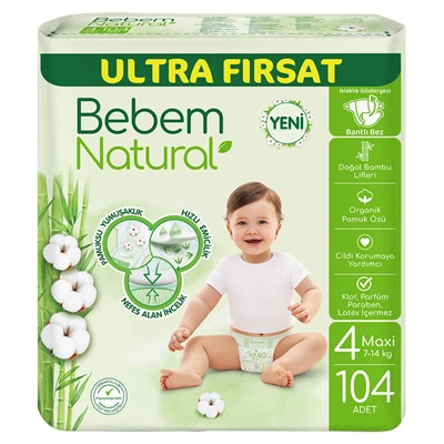 Bebem Natural Ultra Fırsat Bebek Bezi Maxi 104Lü (8'li Paket) ürün görseli 1