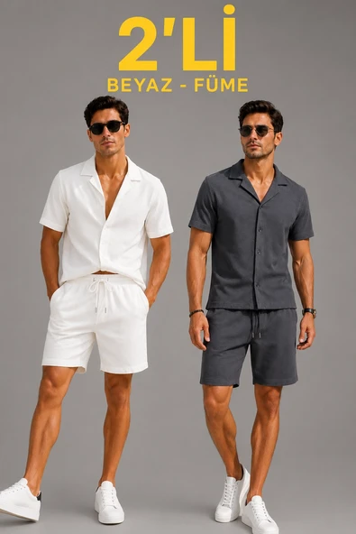 Erkek 2'li Krep Kumaş Cepli Gömlek Şort Takım Kısa Kollu Bağcıklı - Beyaz & Füme ürün görseli 1
