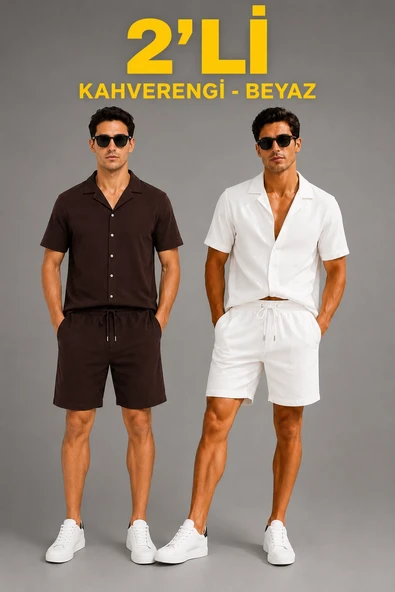 Erkek 2'li Krep Kumaş Cepli Gömlek Şort Takım Kısa Kollu Bağcıklı - Kahverengi & Beyaz ürün görseli 1
