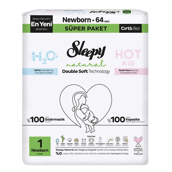 Sleepy Natural Double Soft 1 No 2-5 Kg 64'lü (7'li Paket) ürün görseli 1