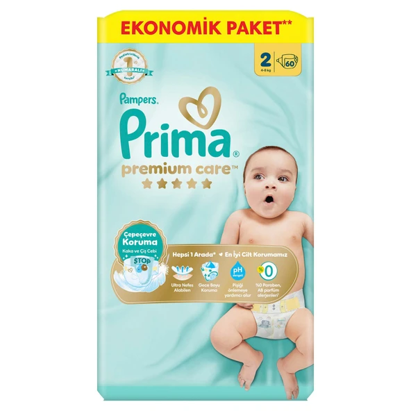Prima Bebek Bezi Premium Care 2 Beden 60'lı 4-8 kg Ekonomik Paket (2'li Paket) ürün görseli 1