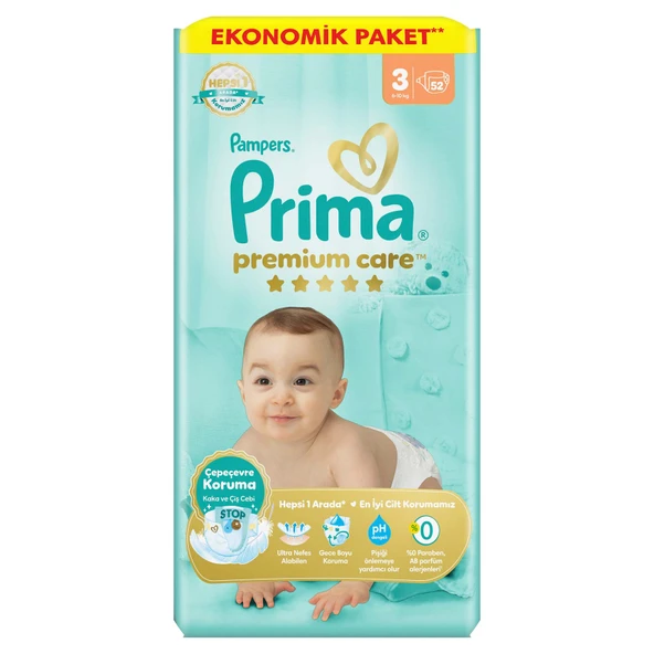 Prima Bebek Bezi Premium Care 3 Numara 52'li 6-10 Kg Ekonomik Paket (2'li Paket) ürün görseli 1