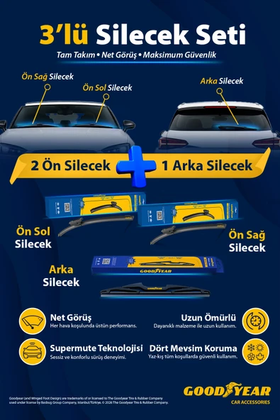 Goodyear Kia Rio 2017-2023 Uyumlu Ön Arka 3'lü Muz Silecek Seti (550 Mm 450 Mm 330 Mm) ürün görseli 1