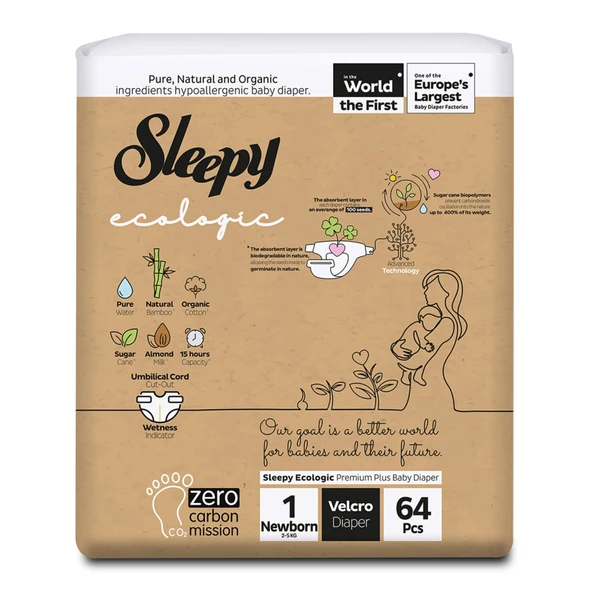 Sleepy Ecologıc Bebek Bezı 1 Beden Yenıdogan 2-5 Kg 64'Lu (5'li Paket) ürün görseli 1
