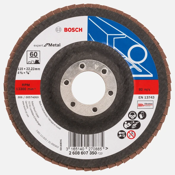 Bosch 115 mm 60 Kum Expert Seri Metal İçin x551 Flap Zımpara Diski (7'li Paket) ürün görseli 1