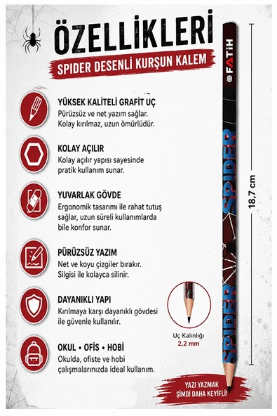 Örümcek Kurşun Kalem 1 Adet Fatih Yuvarlak Gövdeli Siyah Kurşun Kalem 2B Yumuşak Yazım Kolay Tutuş Kaliteli Okul Sınıf ürün görseli 1