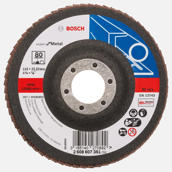 Bosch 115 mm 80 Kum Expert Seri Metal İçin x551 Flap Zımpara Diski (7'li Paket) ürün görseli 1