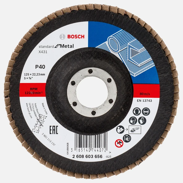 Bosch 125 mm 40 Kum Standard Seri Metal İçin x431 Aluminyumoksit Flap Zımpara Diski (5'li Paket) ürün görseli 1