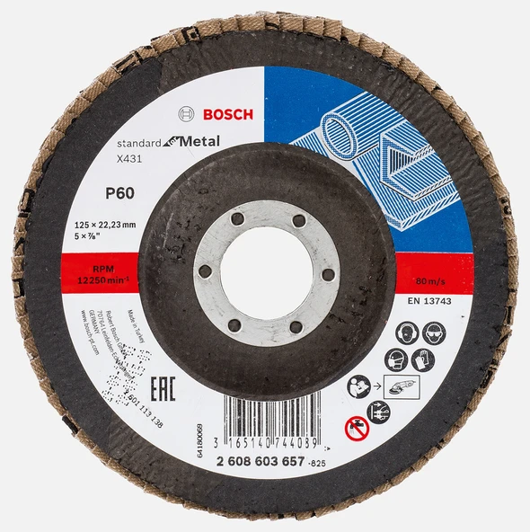 Bosch 125 mm 60 Kum Standard Seri Metal İçin x431 Aluminyumoksit Flap Zımpara Diski (6'li Paket) ürün görseli 1