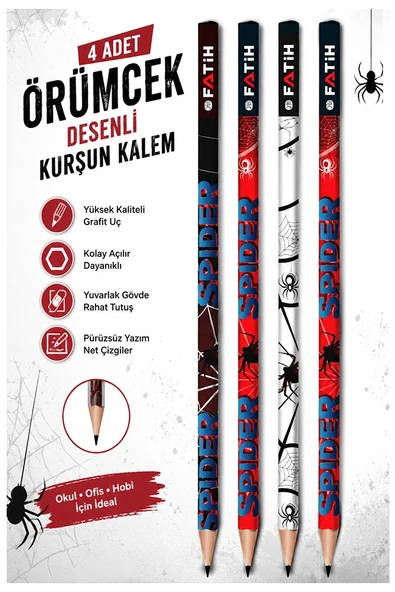 Örümcek Kurşun Kalem 4 Adet Fatih Yuvarlak Gövdeli Siyah Kurşun Kalem 2B Yumuşak Yazım Kolay Tutuş Kaliteli Okul Sınıf ürün görseli 1