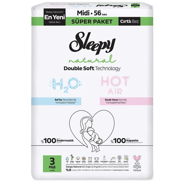 Sleepy Natural Double Soft 3 Midi 4-9 Kg 56'lı (2'li Paket) ürün görseli 1