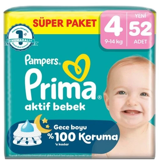 Prima Aktif Bebek Süper Paket Bebek Bezi 4 Beden 52 Adet ürün görseli 1