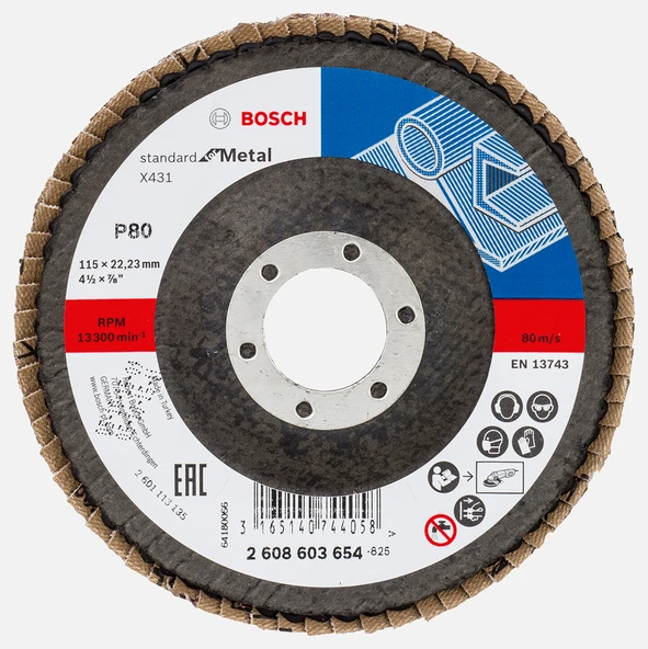 Bosch 115 mm 80 Kum Standard Seri Metal İçin x431 Aluminyumoksit Flap Zımpara Diski (8'li Paket) ürün görseli 1