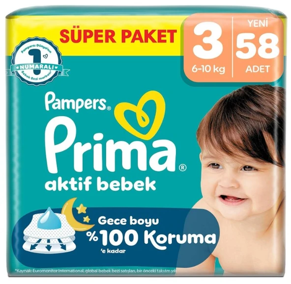 Prima Aktif Bebek Süper Paket Bebek Bezi 3 Beden 58 Adet ürün görseli 1