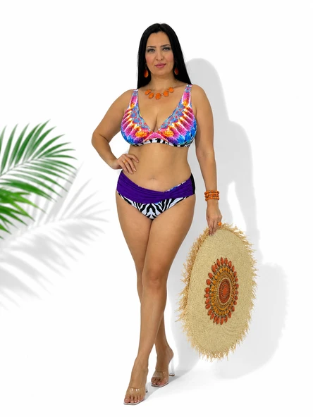 Büyük Beden Sabit Pedli Desenli Taşlı Bağlama Detaylı Toparlayıcı Yüksek Bel Kadın Bikini Takım ürün görseli 1