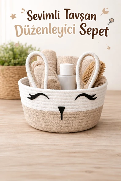 JASPER MiniBunny Jüt İp Bej Sevimli Tavşan Düzenleyici Sepet Organizer 20x12 CM ürün görseli 1
