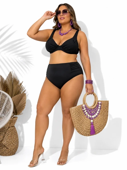 Büyük Beden Balenli Kapsız Ayarlanabilir Askılı Toparlayıcı Yüksek Bel Kadın Bikini Takım ürün görseli 1