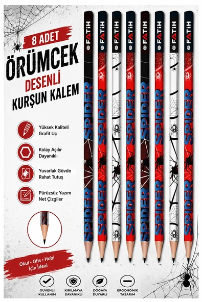 Örümcek Kurşun Kalem 8 Adet Fatih Yuvarlak Gövdeli Siyah Kurşun Kalem 2B Yumuşak Yazım Kolay Tutuş Kaliteli Okul Sınıf ürün görseli 1