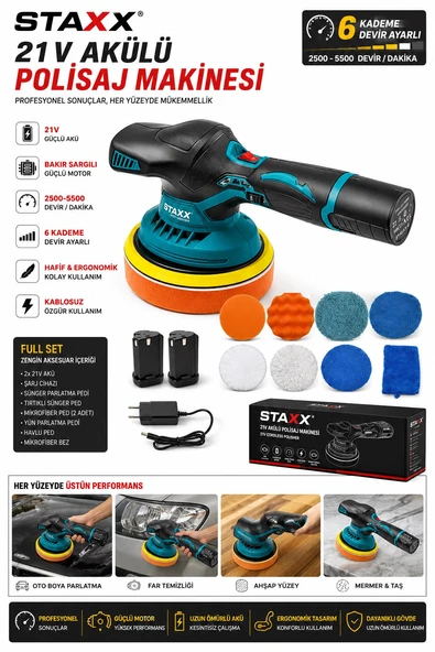 21V Akülü Polisaj Makinesi 6 Kademe Devir Ayarlı  Çift Akülü Oto Pasta Cila & Boya Parlatma Full Set ürün görseli 1