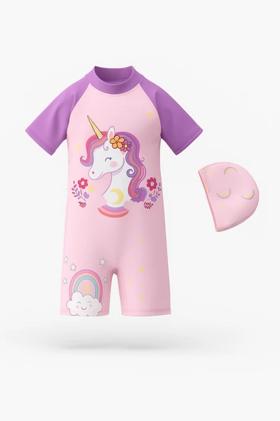 Kız Çocuk Unicorn Desenli Mayo Ve Bone.tam Kalıptır. Beden Tablosunu Dikkate Alınız Lütfen. ürün görseli 1