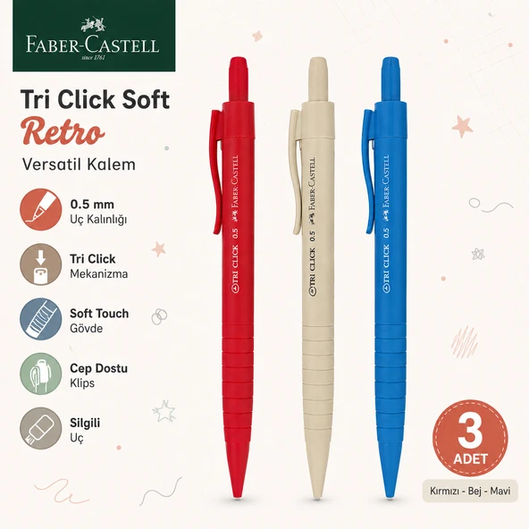 Faber-Castell Tri Click Soft Retro 0,5 Versatil Kalem 3 Adet Set ürün görseli 1