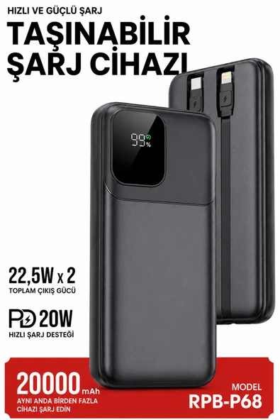 20000mAh Powerbank 22.5W Hızlı Şarj Type-C PD 20W Lightning Kablo Şarj Göstergeli RECCI RPB-P68 ürün görseli 1