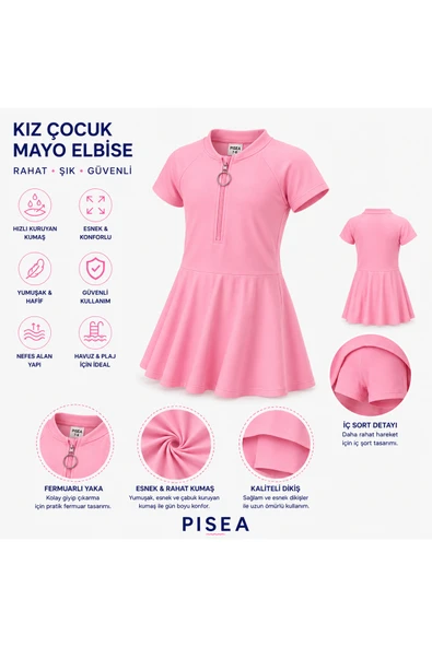 Kız Çocuk Kısa Kollu Fermuarlı Pembe Renkli Likralı Yüzücü Mayosu ürün görseli 1
