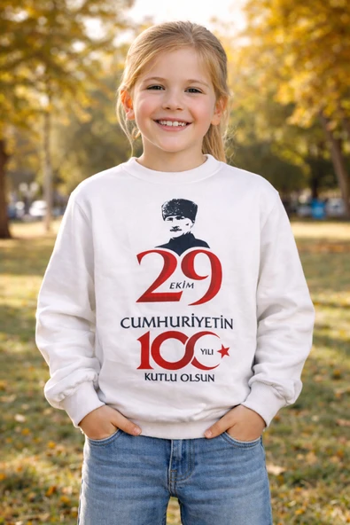 Beyaz Atatürk Görselli 29 Ekim 100.Yıl Sweatshirt ürün görseli 1