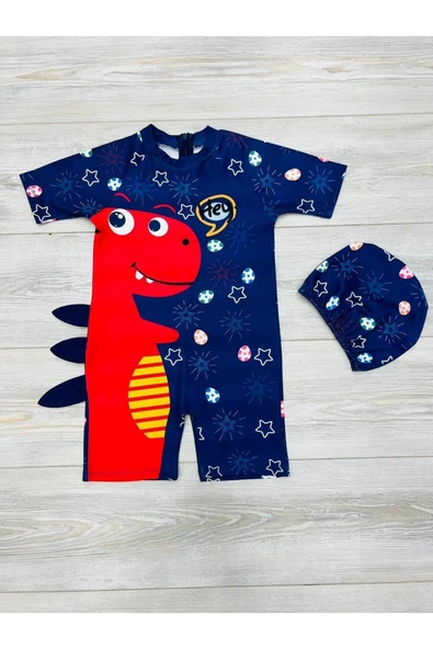 Unisex Dino Desenli Arka Fermuarlı Boneli Kırmızı Lacivert Mayo. ürün görseli 1