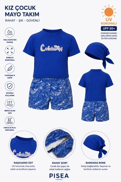 Kız Çocuk Mavi T-shirt,alt ve Bandanalı Mayo ürün görseli 1