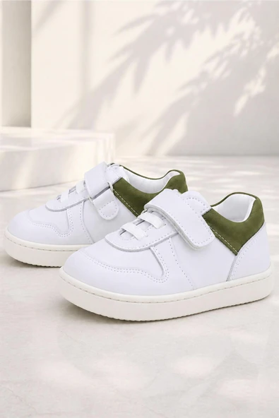 Rakerplus Bob Beyaz Nubuk Haki Hakiki Deri Bebek Sneaker Ayakkabı ürün görseli 1