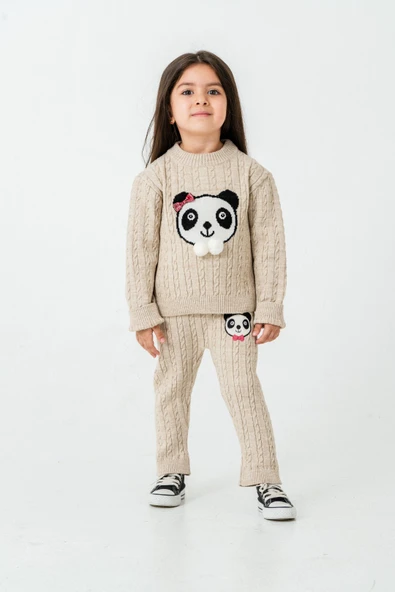 1-5 Yaş Kız Çocuk Panda Desenli Saç Örgü Kışlık Triko Takım 23217 ürün görseli 1