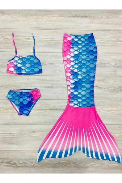 Kız Çocuk Deniz Kızı Mayo Pembe Renkli 3'lü Takım.alt Üst Bikini Ve Kuyruk. ürün görseli 1