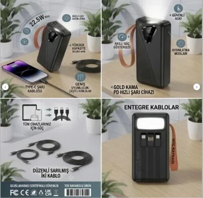 Gk-Y433 30.000 mAh 22.5W PD Hızlı Şarj 4 Port Usb ve Kendinden Kablolu Şarj Göstergeli Led Işıklı Taşınabilir Kamp Lambalı Powerbank ürün görseli 1