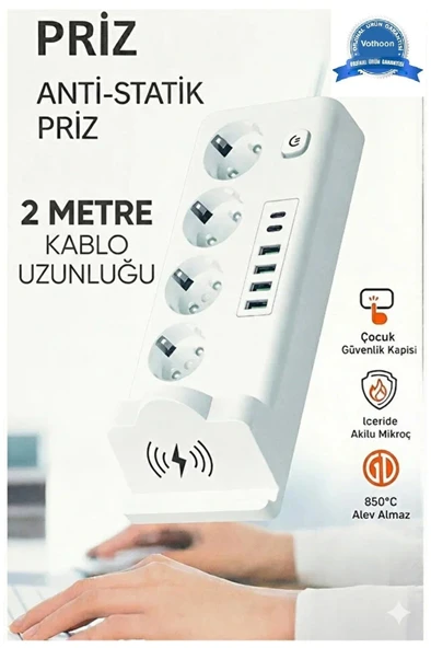 Akım Korumalı Priz Ve Masaüstü Şarj İstasyonu Kablosuz 4 Priz ,4 Usb, 2 Type-c Girişli 2 Metre ürün görseli 1