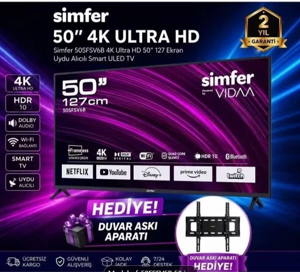 Simfer 50FSFV6B 50 127 Ekran 4K Ultra Hd Smart Vıdaa Tv  HDR10  Wifi  Bluetooth  Uydu Alıcılı  Duvar Askı ürün görseli 1