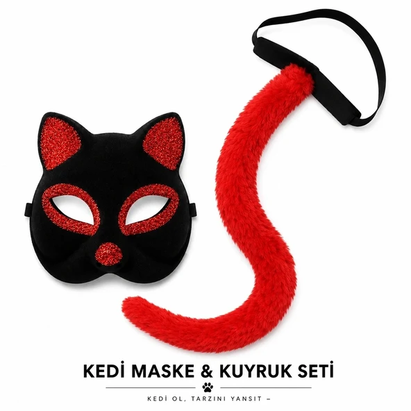 Kırmızı Kedi Maske Ve Kuyruk Seti Parti Kostüm Aksesuarı ürün görseli 1