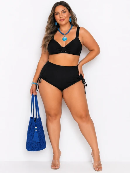Büyük Beden Sabit Pedli Ayarlanabilir Askılı Toparlayıcı İp Büzgülü Yüksek Bel Kadın Bikini Takım ürün görseli 1
