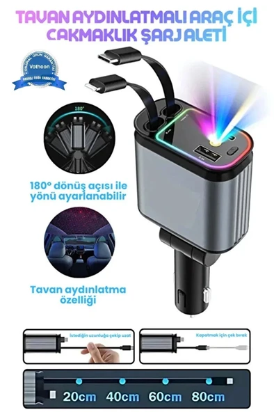 Led Işık Tavan Aydınlatmalı 66w 4’1 Çift Kablolu Hızlı Şarj 3.4a Araç İçi Çakmaklık Şarj Aleti ürün görseli 1