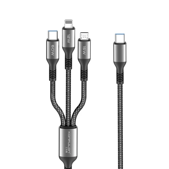 Dc62 3in1 Type-c To 60w Type-c / 12w Lightning / 15w Micro 1.2m Hızlı Şarj Kablo - Siyah ürün görseli 1