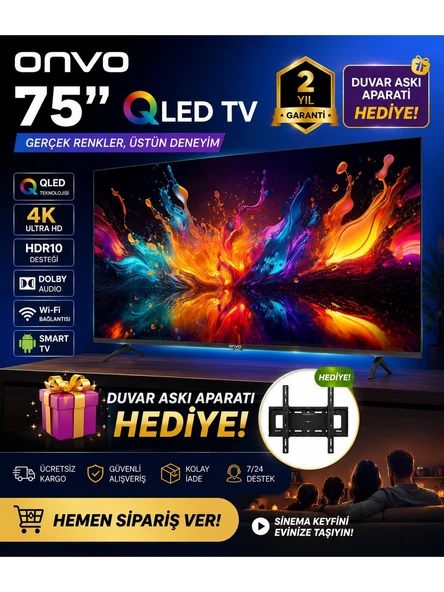 Onvo 75 QLED 4K Ultra Hd Smart Google Tv  HDR10  Dolby Audio  Wi-Fi  Duvar Askı Aparatı Hediyeli ürün görseli 1