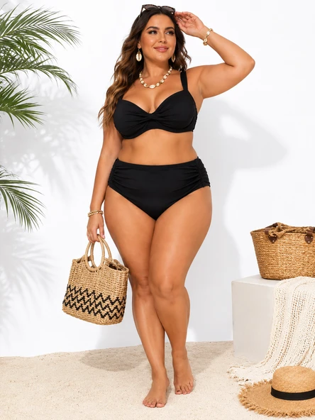 Büyük Beden Sabit Pedli Ayarlanabilir Askılı Drapeli Toparlayıcı Yüksek Bel Kadın Bikini Takım ürün görseli 1
