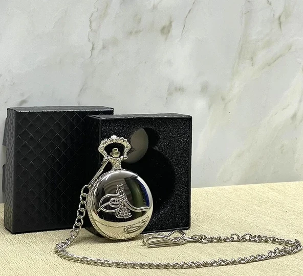 Özel Kutulu Osmanlı Tuğralı Gümüş Köstekli Saat Alk4663 ürün görseli 1