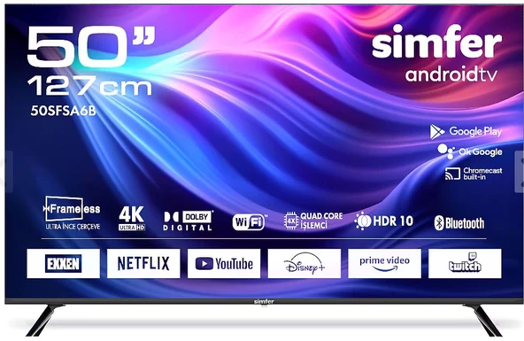 Simfer 50SFSA6B 4K Ultra HD 50" 127 Ekran Uydu Alıcılı Android Smart LED TV ürün görseli 1