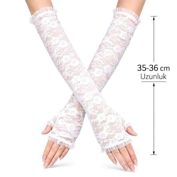 Uzun Zarif Dantel Eldiven Parmaksız Beyaz 35 Cm ürün görseli 1