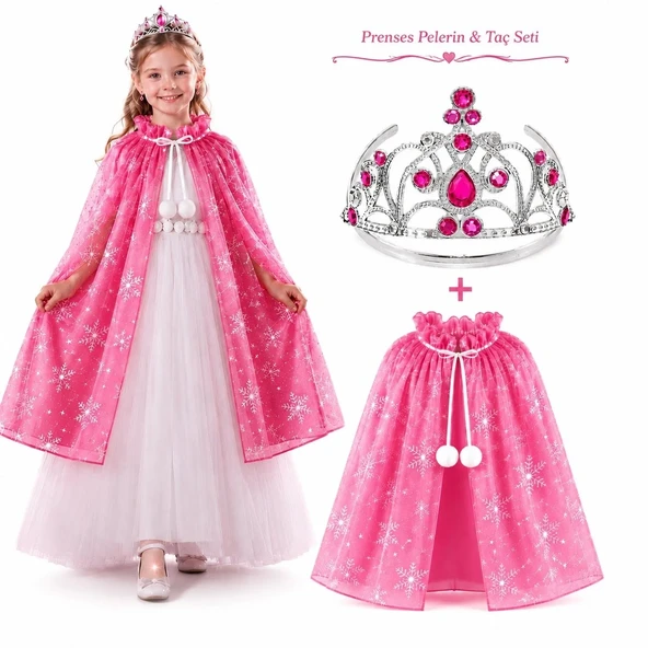 Masal Prensesi Pembe Pelerin Ve Taç Seti (85 Cm) ürün görseli 1