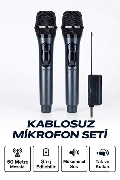 Profesyonel Çiftli Kablosuz Mikrofon Seti Karaoke Şarj Edilebilir 50 Metre ürün görseli 1